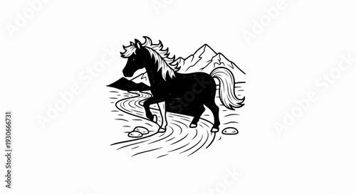 Black horse with flowing mane and tail walks through rocky stream with mountains