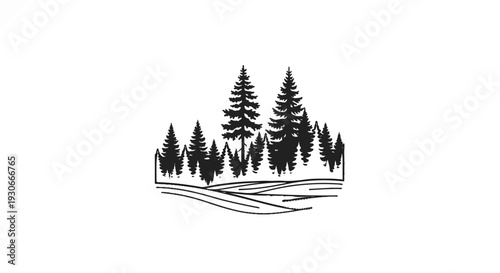 Black ink silhouette of a forest with rolling hills and trees
