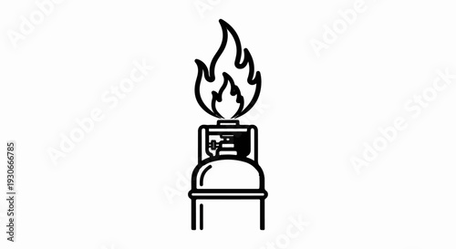 Black line art icon of a lit propane tank with flames