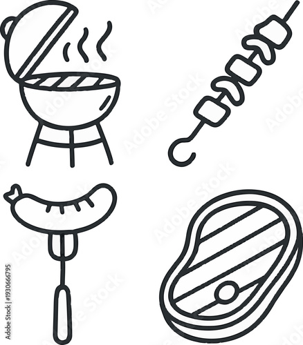 BBQ Barbecue Grill and Meat Line Icons Set – Steak, Sausage, Skewer and Smoker Outline Vector Illustration for Restaurant Menu and Logo Design