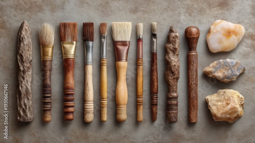 A Collection of Carving Instruments and Brushes Arranged on a Textured Surface for Creative Projects