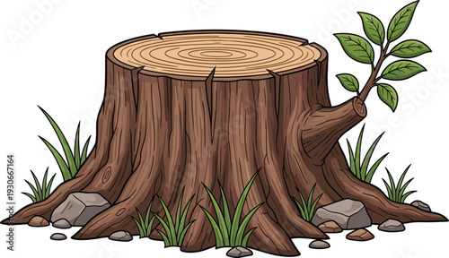 Tree stump illustration with growth rings, branch sprouting leaves, grass, rocks, regrowth resilience nature design, cartoon vector art – flavector