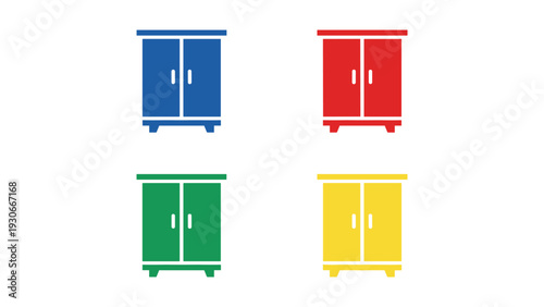 Four colorful storage cabinets with double doors in a grid layout