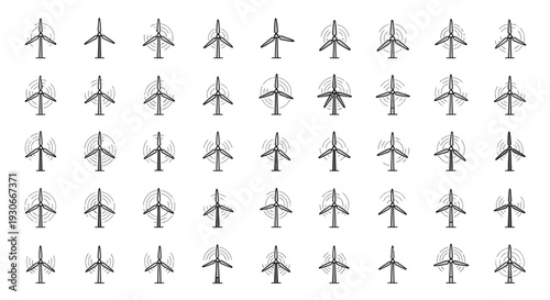 Set of wind turbine renewable energy power generation line icons arranged in a grid pattern on an isolated white background.