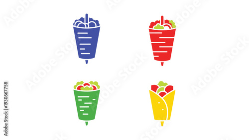 Colorful and stylized representations of hot dogs with various toppings