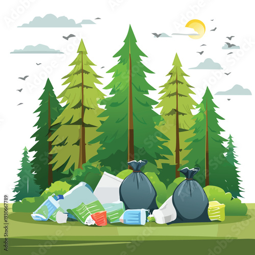 Littered trash bags and scattered waste in front of green trees