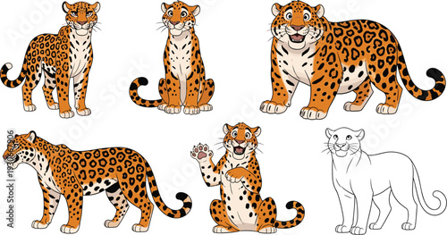 Cute leopard cartoon poses set with standing sitting waving and walking wild jungle cat vector illustration collection
