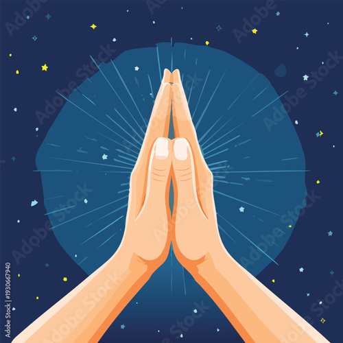 Hands in prayer gesture with starry background