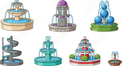 Decorative water fountain collection with classic modern and garden cascade designs urban park architecture vector set