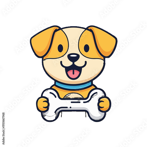 Happy and Excited Puppy Holding Bone in Mouth on Isolated White Background