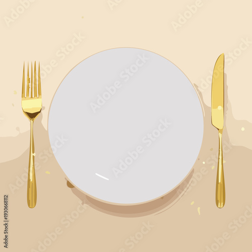 Plate with golden cutlery on a beige surface ready for eating