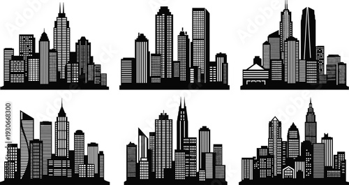 Set of black city skyline silhouettes with tall skyscrapers and urban buildings for modern architectural design, vector landscape icons, and cityscapes.