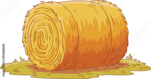 Cartoon hay bale resting on grassy patch, minimal hand drawn outline vector illustration with clean smooth line style.