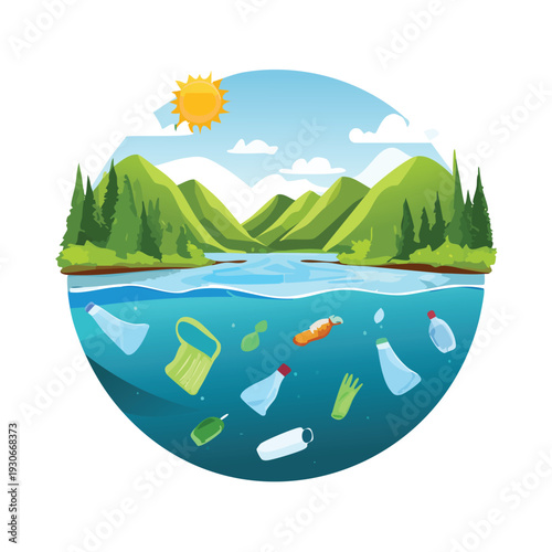 Pollution illustration depicting litter in ocean and natural environment
