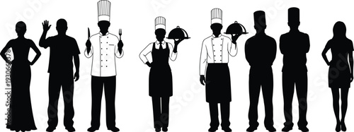 Hospitality and chef staff silhouettes set including waiters and cooks holding serving trays isolated on white background for restaurant service concept