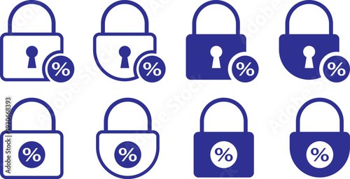 Fixed interest rate icon. Home equity loan symbols. Banking and credit union signs. Fixed interest rate concept icon with a black padlock and percentage symbol for financial security. Financial Securi
