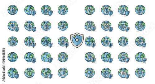 Global Network Security Shield Protection Icon Set on Isolated White Background