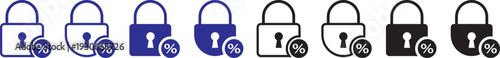 Fixed interest rate icon. Home equity loan symbols. Banking and credit union signs. Fixed interest rate concept icon with a black padlock and percentage symbol for financial security. Financial Securi