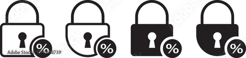 Fixed interest rate icon. Home equity loan symbols. Banking and credit union signs. Fixed interest rate concept icon with a black padlock and percentage symbol for financial security. Financial Securi