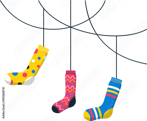 Hanging colorful socks decoration for down syndrome awarness illustration. Vector isolated.