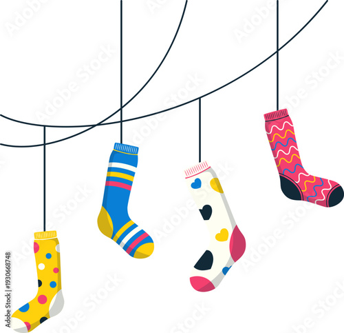 Hanging colorful socks decoration for down syndrome awarness illustration. Vector isolated.