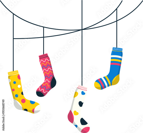 Hanging colorful socks decoration for down syndrome awarness illustration. Vector isolated.