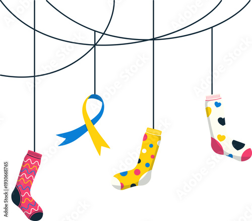 Hanging colorful socks decoration for down syndrome awarness illustration. Vector isolated.