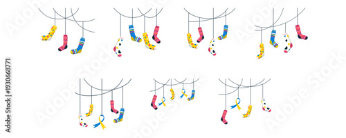 Hanging colorful socks decoration for down syndrome awarness illustration. Vector isolated.