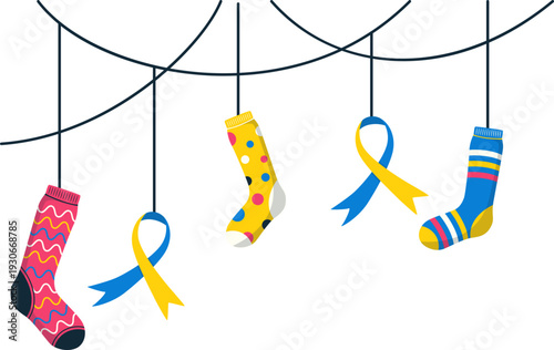 Hanging colorful socks decoration for down syndrome awarness illustration. Vector isolated.