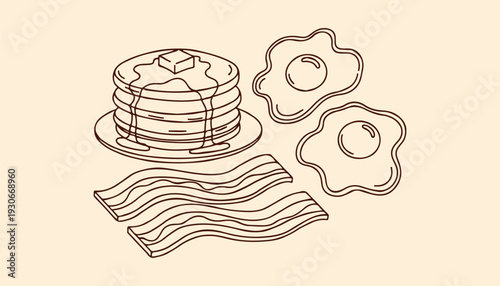 A Line Art Illustration of a Classic Breakfast Spread Featuring Pancakes, Bacon, and Fried Eggs