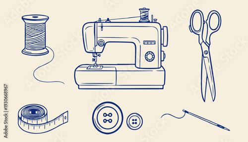 A collection of sewing tools and accessories including a sewing machine, scissors, thread, buttons, and a measuring tape