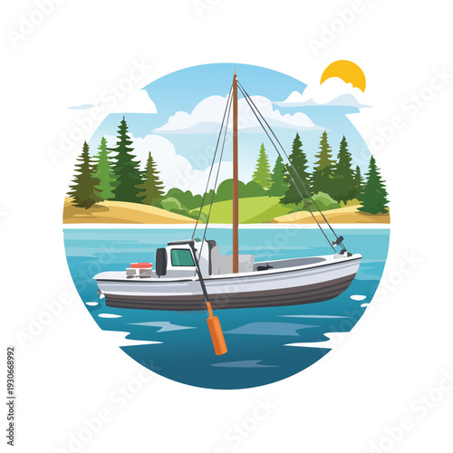 Fishing boat on water with green trees and sun illustration