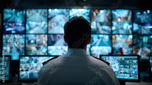 Security guard monitoring multiple surveillance cameras in a central control room