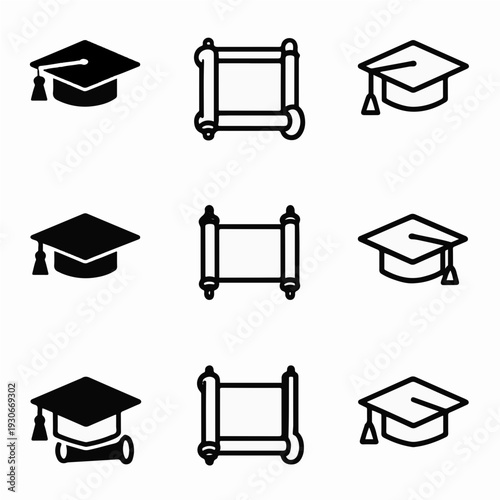 Graduation icons with scrolls for education and academic achievements