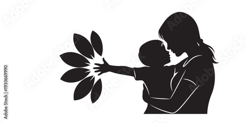 Black line art woman child flower open petals wonder motherhood love vector art