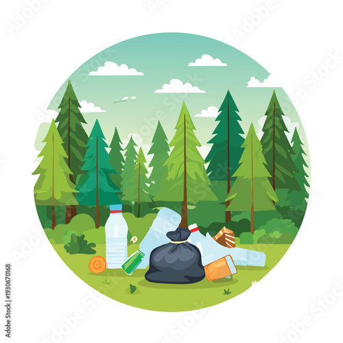 Polluted landscape with trash polluting forest environment illustration