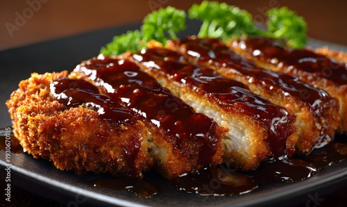 Demi katsu highlighting breaded pork cutlet coated thick demi glace sauce glossy rich surface crunchy crumb detail indulgent Japanese dish realism clean professional stock photo sharp macro