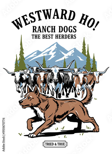 Western ranch dog herding longhorn cattle vector illustration with mountains, vintage Americana graphic for t-shirt design.