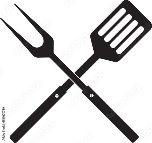 “BBQ Grill Tools Silhouette Vector – Spatula and Fork Crossed Icon, Barbecue Utensil Illustration, and Cooking Design Art” .