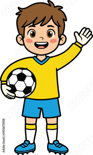 Cute soccer player boy cartoon vector illustration, happy child holding football and waving isolated character design