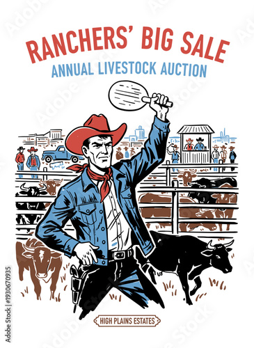 Vintage western cowboy auctioneer at annual livestock sale, retro graphic illustration for event poster design.