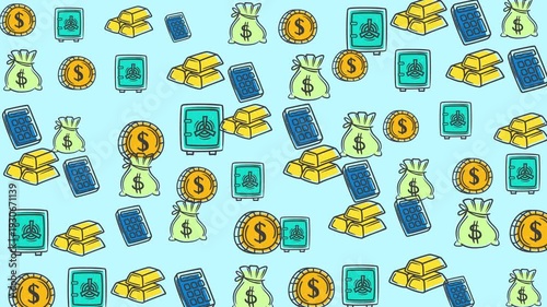 Gold bars, coins, money bags, and safes in a cartoonish blue background. Ideal for financial concepts and presentations.