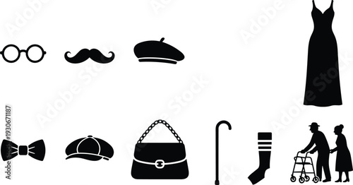 Vintage fashion and elderly lifestyle silhouette icons vector set, clothing accessories and senior couple symbols collection