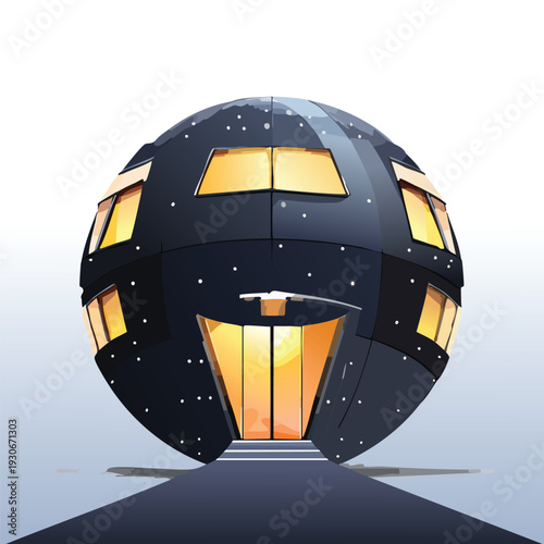 Futuristic spherical home with illuminated windows