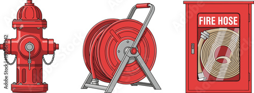 Fire safety equipment set including fire hydrant, hose reel and fire hose cabinet isolated on white background for emergency protection concept