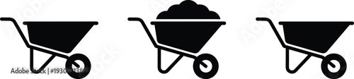 Wheelbarrow silhouettes collection vector illustration, construction and gardening carts isolated black equipment icons set
