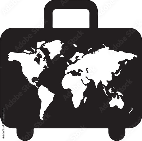 World travel map silhouette with airplane path and location icons, global tourism and international journey concept, minimal black vector illustration.