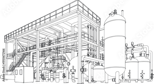 Large Industrial Gas Compressor Station with Pipelines, Pressure Tanks and Control Valves – Heavy Process Plant for Oil and Gas Industry, Petrochemical Refinery Infrastructure, Energy Production 