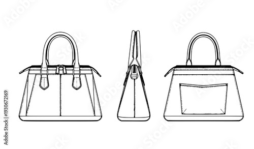 Women’s Luxury Handbag Technical Fashion Illustration CAD Vector Front, Side, Back