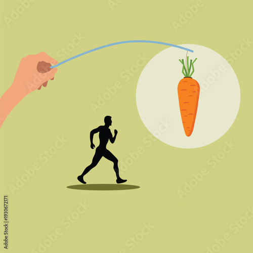 Concept vector of a dangling carrot used as bait, symbolizing the endless chase for financial, rat race pressure, poverty struggle, manipulation, and unfulfilled ambition.